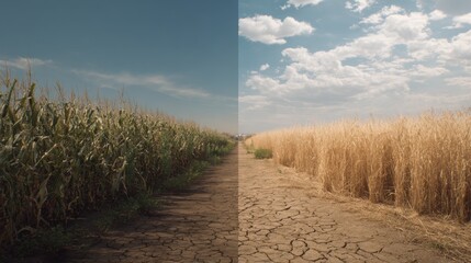 Fototapeta premium Contrast of Cornfield and Wheatfield Under Clear Sky Reflecting Climate Change Impact on Agriculture