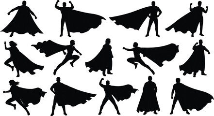 Superhero caped characters male and female silhouettes flying, running, and standing in various heroic power poses, flat vector illustration. © Momotaj