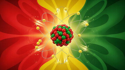 abstract background with atom, abstract blue round with molecule, Detailed model of atom showing electrons neutrons and protons. Atom model with electrons orbiting nucleus. Science model of atomi
