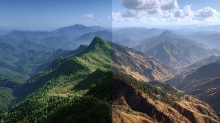 Obraz premium Breathtaking Landscape of Mountains Showcasing Lush Greenery and Golden Hills Under Bright Blue Skies with White Clouds