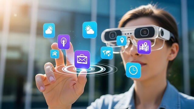 Woman using augmented reality glasses with floating app icons. - Powered by Adobe