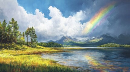 Vibrant Painterly Landscape: Majestic Rainbow Arches Over Serene Mountain Lake and Lush Pine Forests