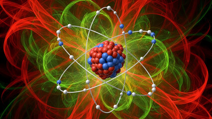 abstract background with atom, abstract blue round with molecule, Detailed model of atom showing electrons neutrons and protons. Atom model with electrons orbiting nucleus. Science model of atomi