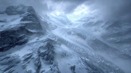 Majestic Snow-Covered Mountains Under Dramatic Skies with Dark Clouds and Glacial Landscape in a Frozen Wilderness