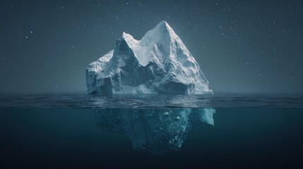 Majestic Iceberg Reflected in Calm Ocean Water Under Starry Night Sky at Dusk