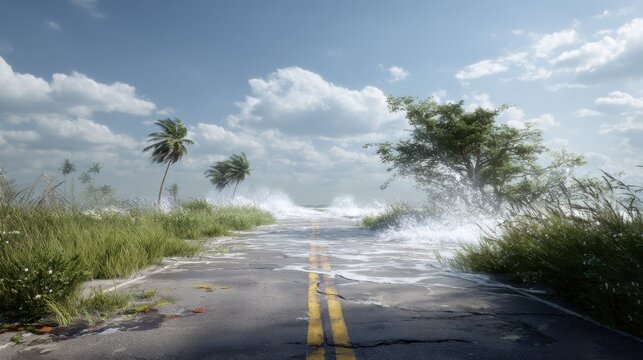 Surreal flooded road with palm trees and vibrant green grass under a bright blue sky and scattered fluffy clouds - Powered by Adobe