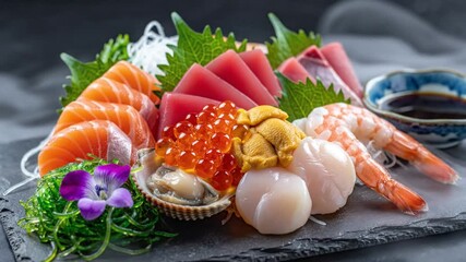 Delicious and vibrant Japanese sashimi platter with fresh salmon, tuna, shrimp, and more on a dark plate