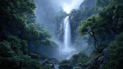 Misty waterfall cascading through lush green forest surrounded by majestic mountains and serene natural beauty