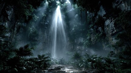 Majestic Waterfall Cascading Through Lush Jungle Surrounded by Mysterious Mist and Dense Foliage in Tropical Paradise