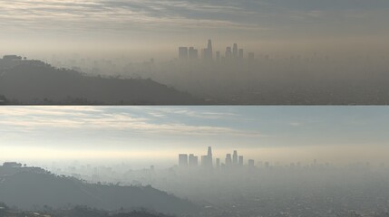 Urban Landscape of Los Angeles with Foggy Skyline, Showing City in Haze Against A Cloudy Sky and Mountains in the Background