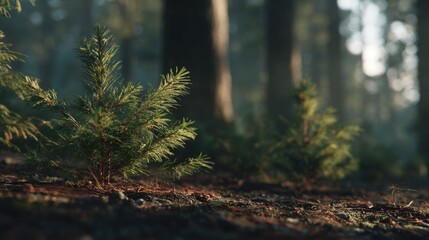 Close-Up View of Young Pine Sprouts Growing on Forest Floor Bathed in Soft Morning Light with Trees in Background