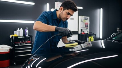 A man in a blue uniform polishes a black car's hood with a machine, wearing gloves. Background has shop lights