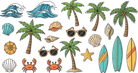Obraz premium Vector illustration set of tropical palm trees and coconut palms silhouettes on a paradise island beach during a summer sunset landscape with ocean water and nature elements for travel design