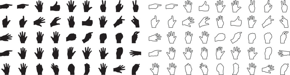 Collection of Hand Gesture Vector Icons: Black Silhouettes and Outline Symbols isolated PNG with Transparent Background