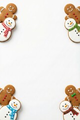 Christmas gingerbread man and snowman cookies in corners on white background with vertical copy space. Festive royal icing holiday border frame for greeting card template.