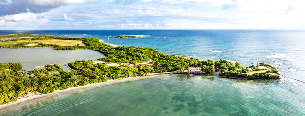 wide angle aerial landscape view of southernmost point of Martinique with famous Salines Beach, Grande Terre Beach, Ilet Cabrits and Etang des Salines, situated in Lesser Antilles, Caribbean 