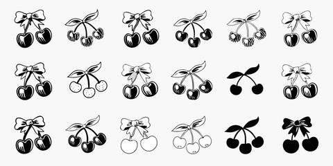Black and white illustration of cherry and strawberry fruits with bows