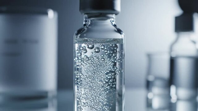 Close up view of water with bubbles in a glass vial, scientific laboratory, research and development.