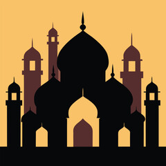 Layered silhouette composition of multiple mosques with intricate architectural details and islamic design elements