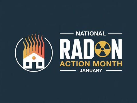 National radon action month january awareness campaign logo with house and radiation symbol