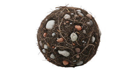 A spherical clump of soil, roots, and small pebbles, of transparent