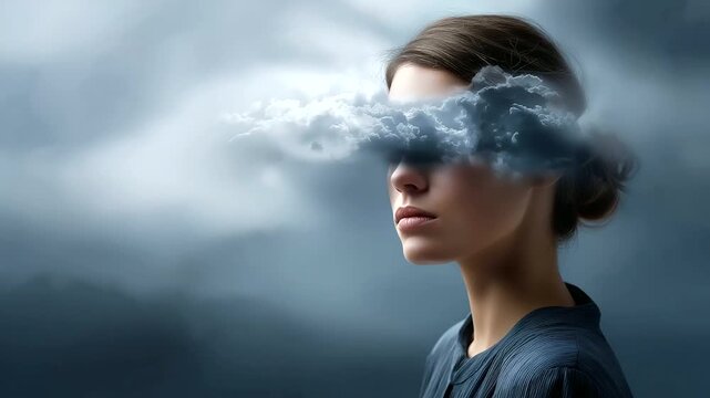 Faceless young woman with head in cloud defocused depression background loneliness mental health concept psychology theme dreaming racing thoughts memory loss dementia