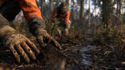 Obraz premium Close-up of Hands Planting Seedling in Forest with Worker Wearing Safety Gear, Restoration Efforts and Environmental Care