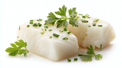 Cooked White Fish Fillet Portion Parsley Chive Garnish