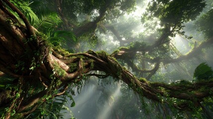 Lush Green Rainforest Canopy with Sunlight Filtering Through Dense Foliage and Twisting Vines in Serene Nature Setting