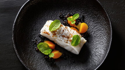 Cooked White Fish Portion Mint Orange Fruit Gourmet Plating