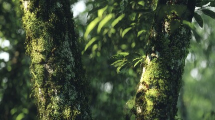 Fototapeta premium Lush Green Tree Trunk with Vibrant Moss and Foliage, Capturing the Essence of a Tranquil Forest Scene in Nature