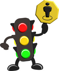 Multi-colored traffic light figure holding pedestrian sign isolated with real transparent background for branding