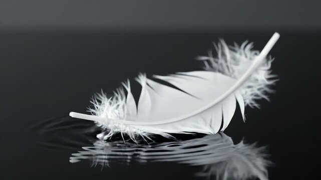 A delicate white feather gently falling onto a calm water surface, creating subtle rippling effects, embodying peace and weightlessness concept