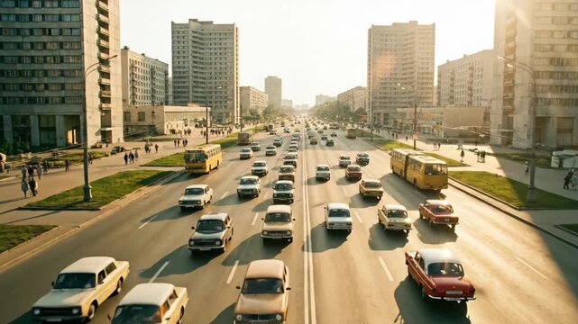 Wide Soviet avenue with heavy traffic of yellow buses and vintage cars