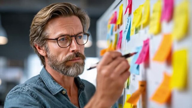 Strategic Vision: A focused individual, illuminated by creative brainstorming, is deeply immersed in thought, drawing innovative concepts on colorful sticky notes, visualizing a future of ideas.