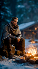 A man in a cape and boots sits by a fire in a snowy forest