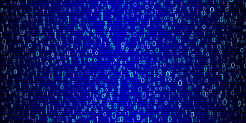 Blue Binary Data Software Programming Code Background. Random Parts of Program Code. Digital Data Technology Concept. 1 0 Machine Code. Random Binary Data Matrix Wide Vector Illustration.