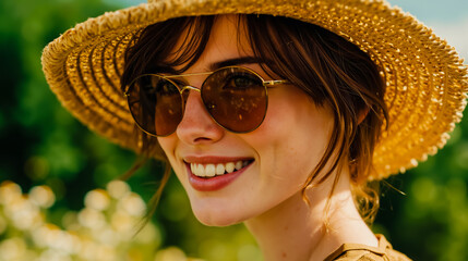 A woman wearing a straw hat and sunglasses is smiling at the camera