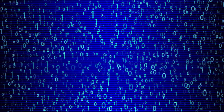 Blue Binary Data Software Programming Code Background. Random Parts of Program Code. Digital Data Technology Concept. 1 0 Machine Code. Random Binary Data Matrix Wide Vector Illustration.