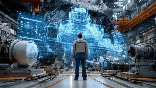 Visionary in Technology: A worker gazes with focused intent upon a cutting-edge technological display, showcasing the intricate inner workings of advanced machinery in a modern factory setting.