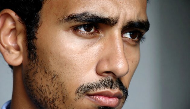 Close-up of a man's face, side view, looking away with serious expression, featuring dark hair and skin