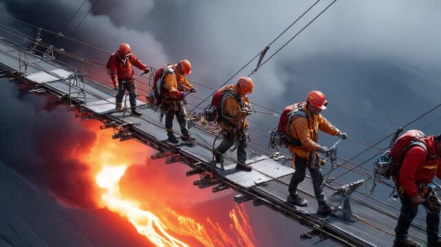 Courageous Ascent: A team of determined individuals, clad in safety gear, navigates a precarious bridge over a chasm of molten lava, embodying bravery and teamwork in the face of danger.