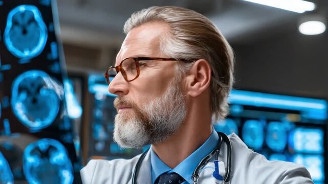 Doctor Examining Brain Scans: A focused doctor, dressed in a white coat and glasses, meticulously examines detailed brain scans, emphasizing diagnostic acumen and healthcare.