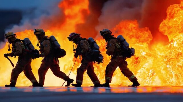 Courage in the Flames: A courageous team of firefighters fearlessly advances toward an inferno, showcasing unwavering determination and commitment to duty.