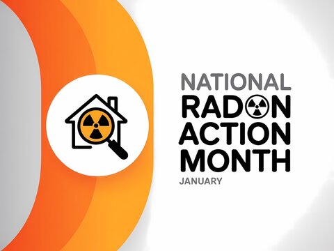 National radon action month logo with house and magnifying glass icon on orange and white background