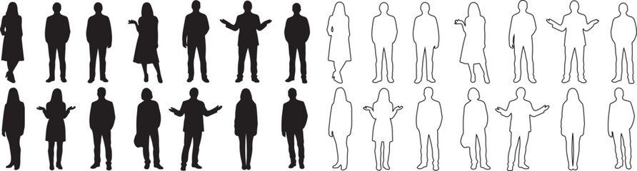 Collection of Diverse Standing People Vector Silhouettes and Outline Figures isolated PNG with Transparent Background