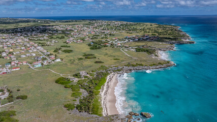 aerial landscape view along Barbados Island shoreline in the Saint Philip, a parish, near Harrismith at the easternmost end of the island, with Harrismith Beach and Bottom Bay Beach