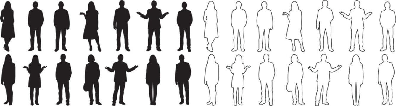 Collection of Diverse Standing People Vector Silhouettes and Outline Figures isolated PNG with Transparent Background