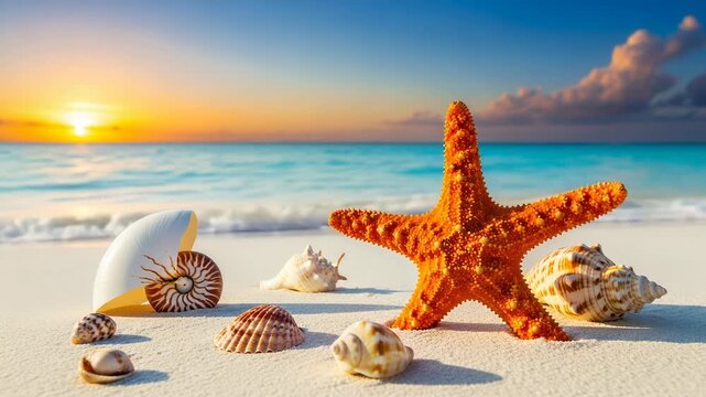 Exotic seashells and vibrant starfish arranged on a pristine tropical beach at sunset.