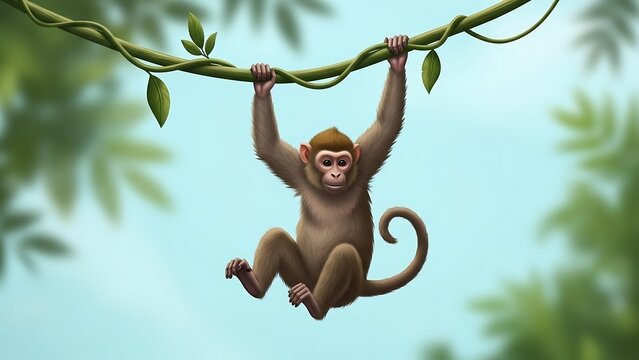 Cartoon Monkey Hanging from Vine in Lush Jungle Illustration.